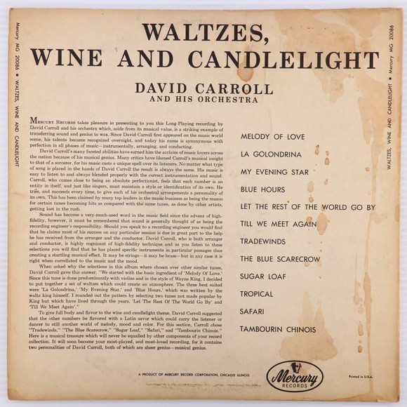 David Carroll Orchestra Waltzes, Wine & Candlelight 1955 Jazz LP Record MG 20086 - Picture 2 of 16